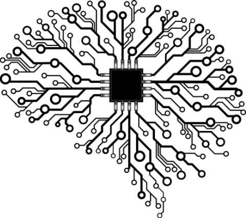 Kabelbaum in Form eines Gehirns mit einem Chip in der Mitte